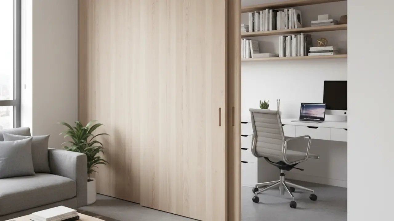 Parede deslizante de madeira clara em um ambiente pequeno e moderno, separando a área de estar de um escritório.